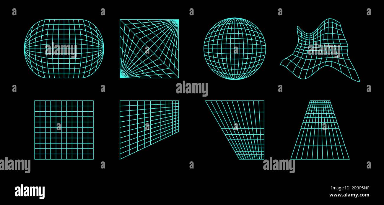 Neon wireframe elements collection. Geometric surface grid of different shape. Distorted perspective planes and object set. Vector geometric bundle for posters, flyers, collages, templates. Stock Vector