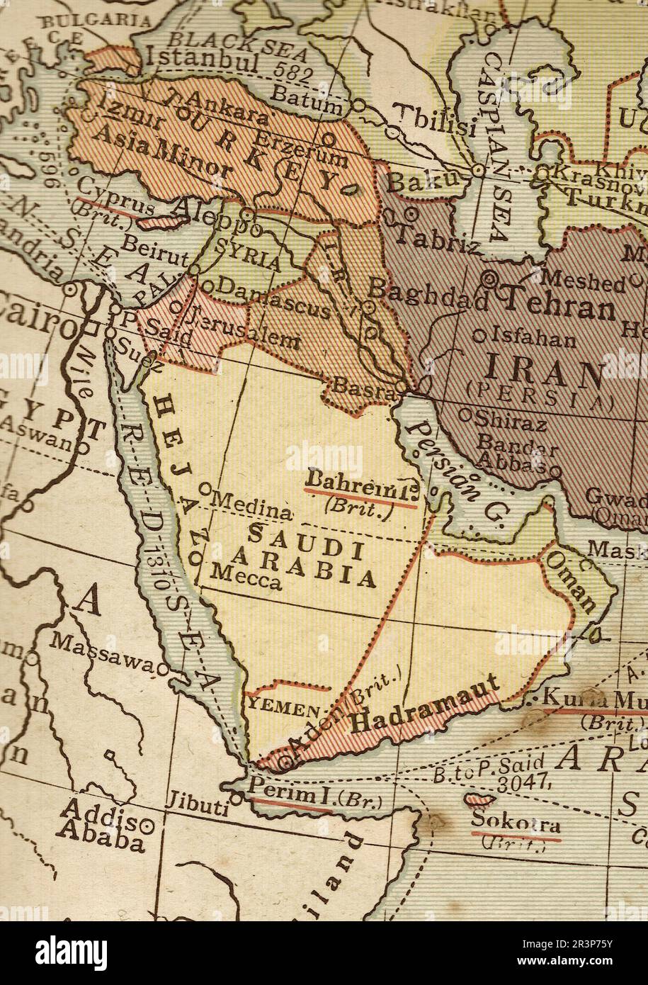 Vintage political map in sepia showing Saudi Arabia. Stock Photo