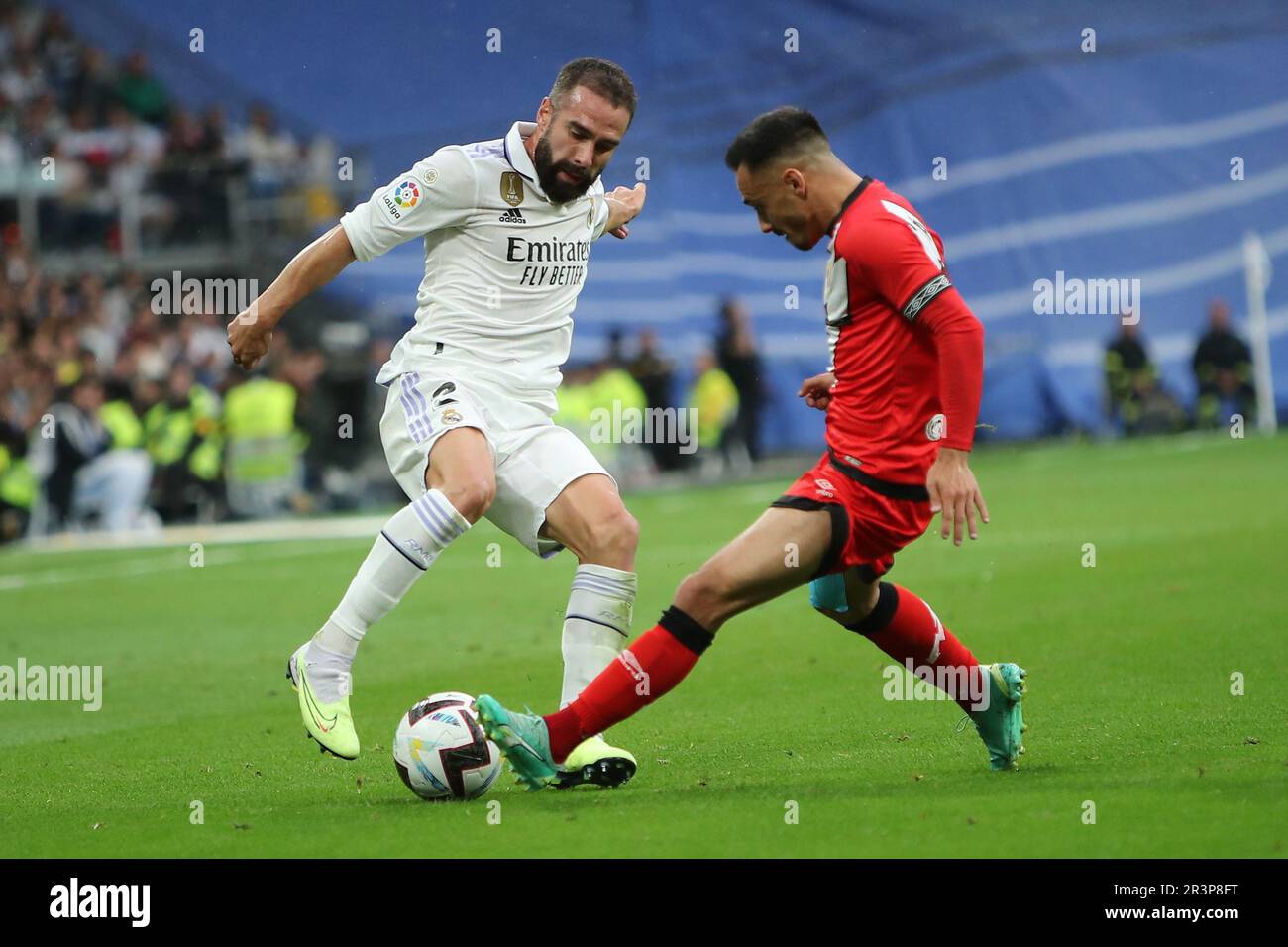 Madrid, Spain. 24th May, 2023. Real Madrid´s Daniel Carvajal (L) in action during La Liga Match Day 36 Real Madrid and Rayo Vallecano at Santiago Bernabeu Stadium in Madrid, Spain, on May 24, 2023. Credit: Edward F. Peters/Alamy Live News Stock Photo