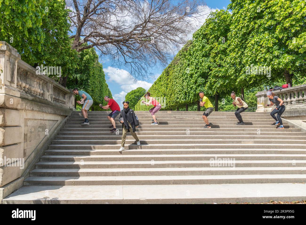 Tuileries Gardens, Paris, France. Sports class near the entrance to the gardens. Stock Photo
