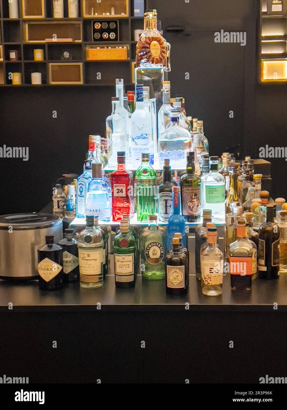 pyramid of liquor bottles Stock Photo - Alamy