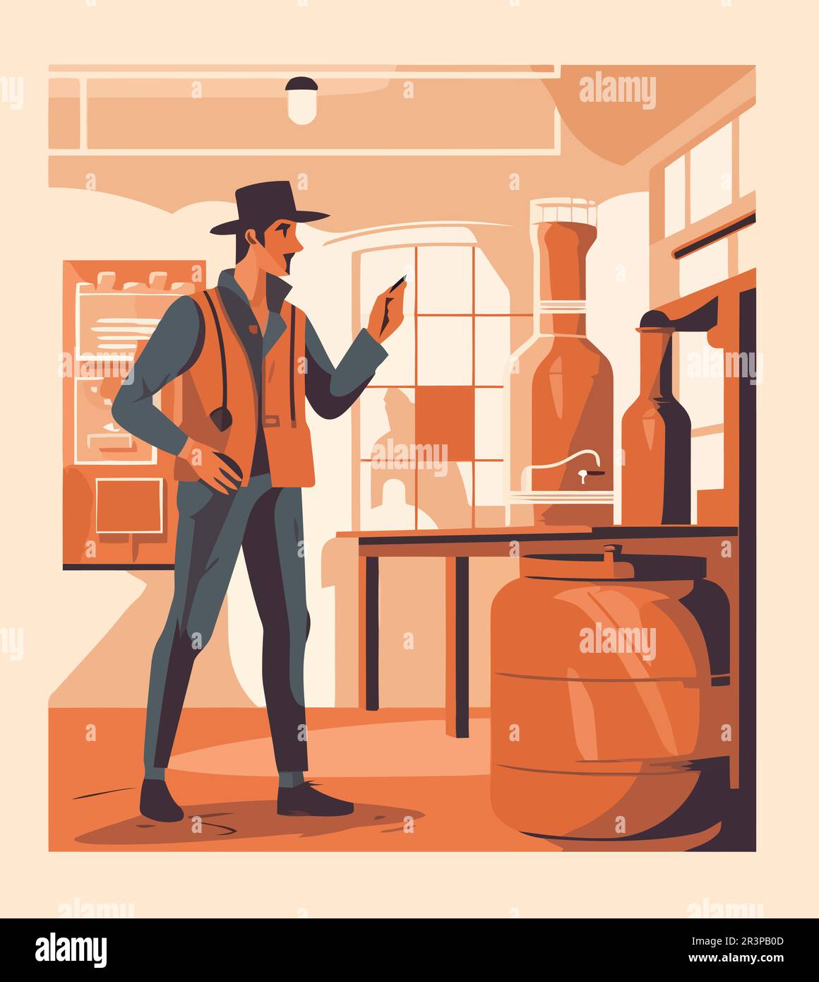 One cowboy standing holding a drink Stock Vector