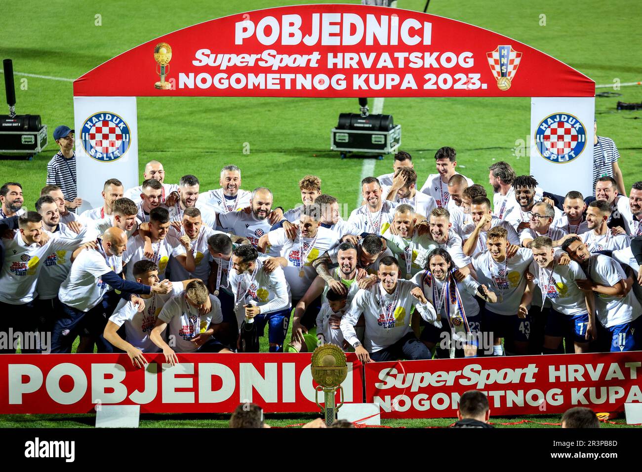 Rijeka, Croatia. 24th May, 2023. Players of Hajduk Split celebrate with the  trophy after the victory against Sibenik in their SuperSport Croatian  Football Cup final match at HNK Rijeka Stadium in Rijeka