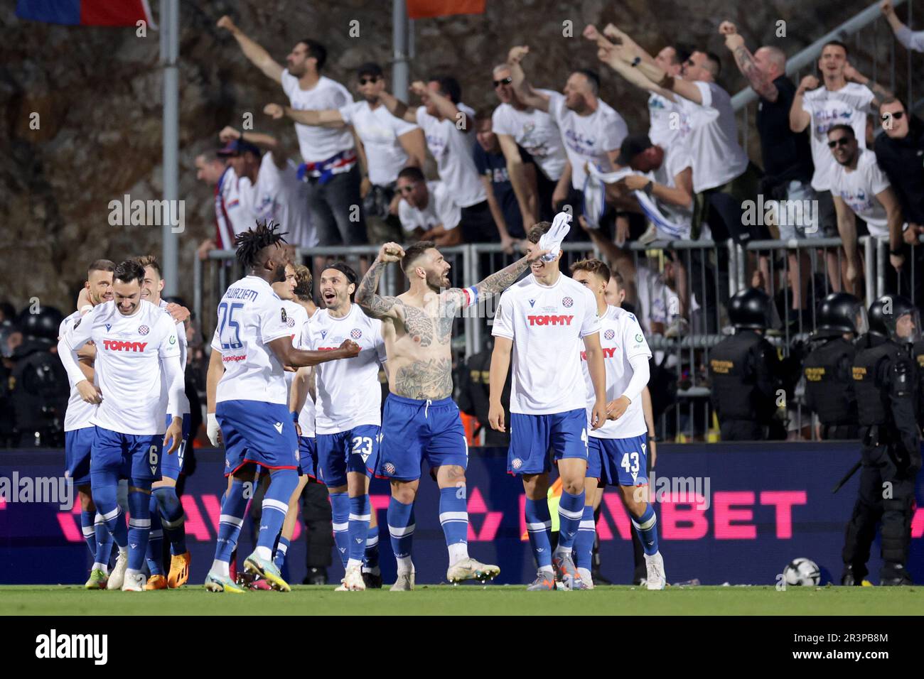 Rijeka, Croatia. 24th May, 2023. Players of Hajduk Split celebrate with the  trophy after the victory against Sibenik in their SuperSport Croatian  Football Cup final match at HNK Rijeka Stadium in Rijeka