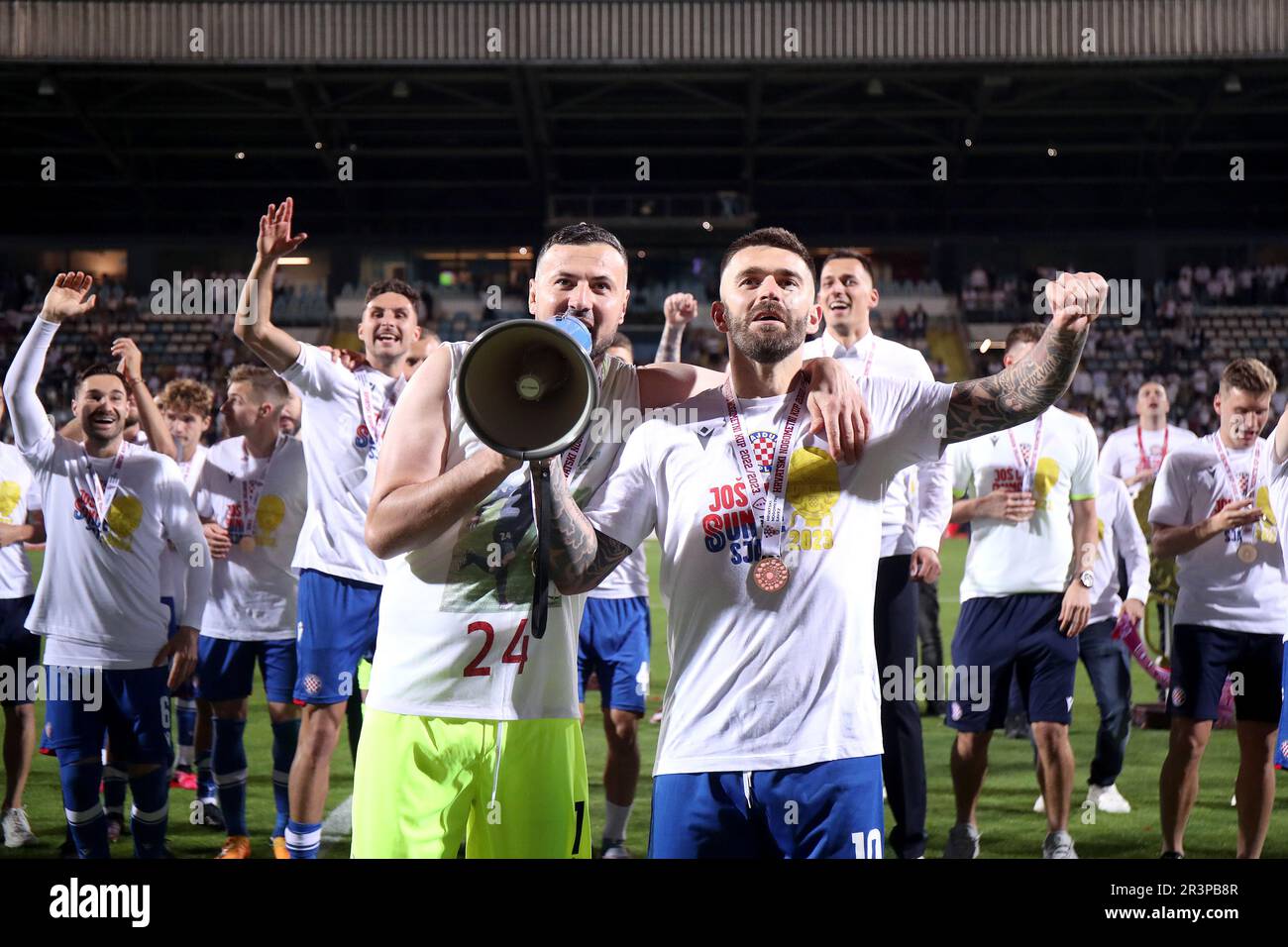 Rijeka, Croatia. 24th May, 2023. Players of Hajduk Split celebrate with the  trophy after the victory against xxx in their SuperSport Croatian Football  Cup final match at HNK Rijeka Stadium in Rijeka