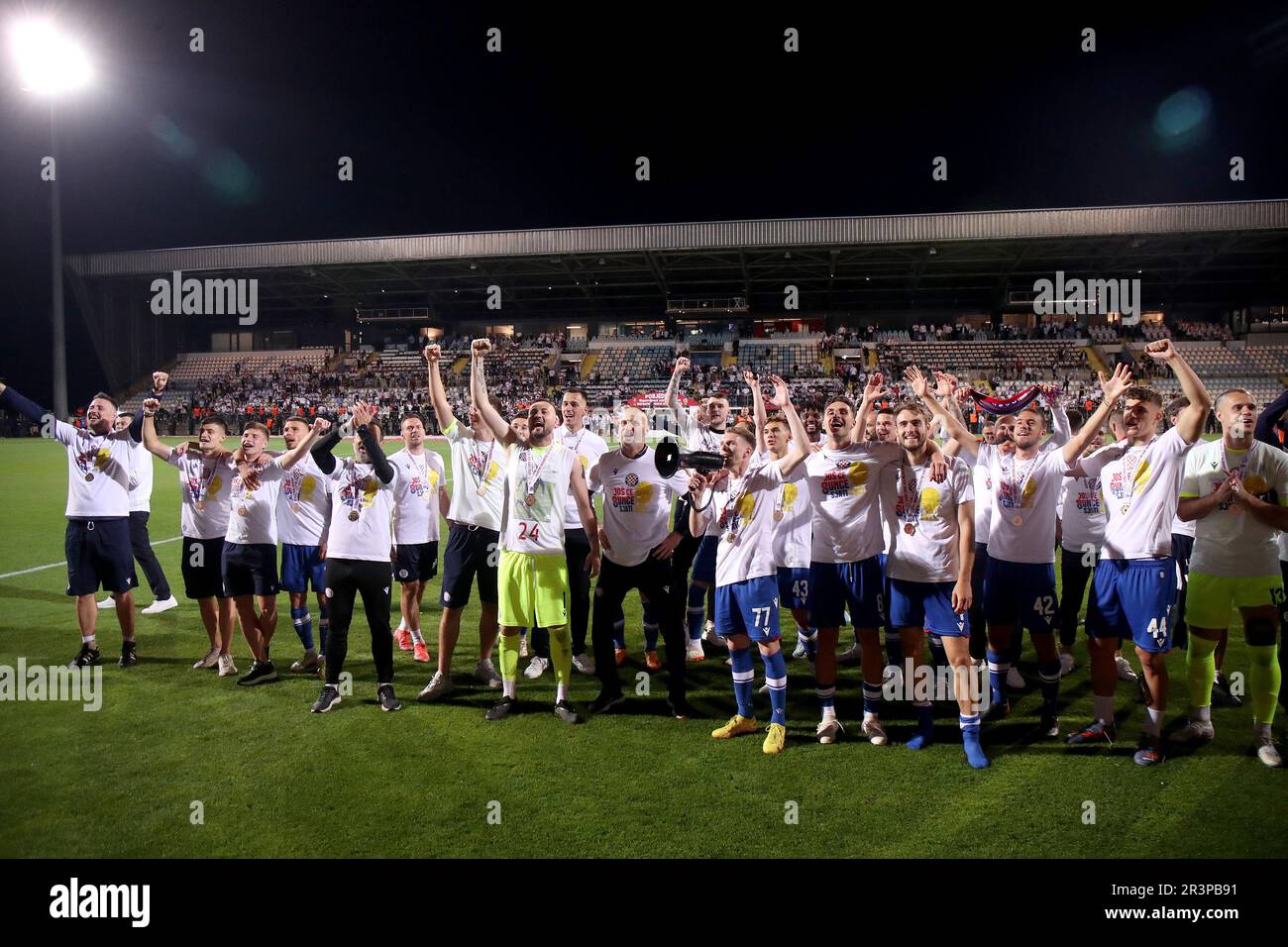 Rijeka, Croatia. 24th May, 2023. Players of Hajduk Split celebrate with the  trophy after the victory against Sibenik in their SuperSport Croatian  Football Cup final match at HNK Rijeka Stadium in Rijeka