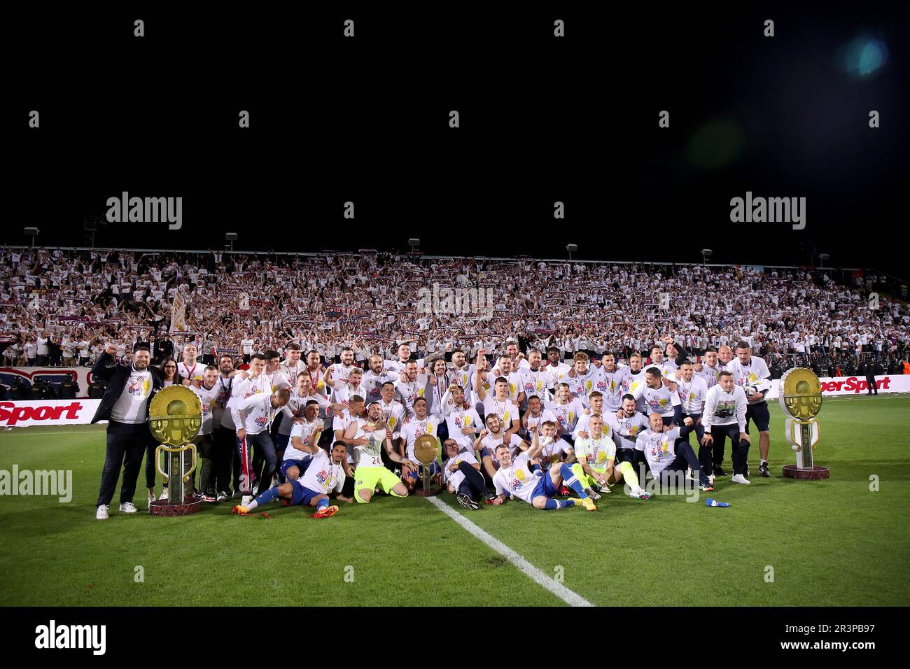 Rijeka, Croatia. 24th May, 2023. Players of Hajduk Split celebrate with the  trophy after the victory against Sibenik in their SuperSport Croatian  Football Cup final match at HNK Rijeka Stadium in Rijeka