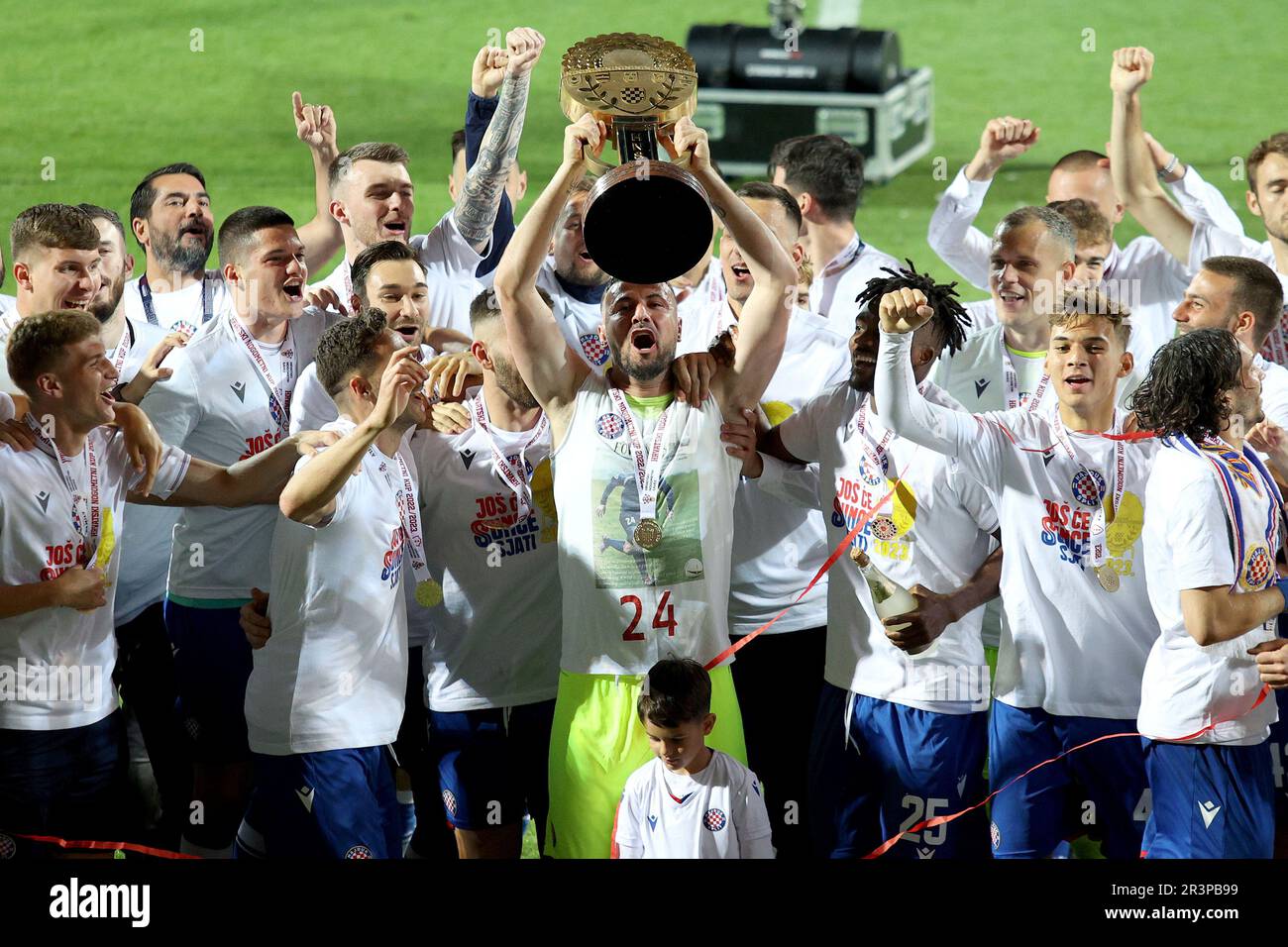 Rijeka, Croatia. 24th May, 2023. Players of Hajduk Split celebrate with the  trophy after the victory against xxx in their SuperSport Croatian Football  Cup final match at HNK Rijeka Stadium in Rijeka