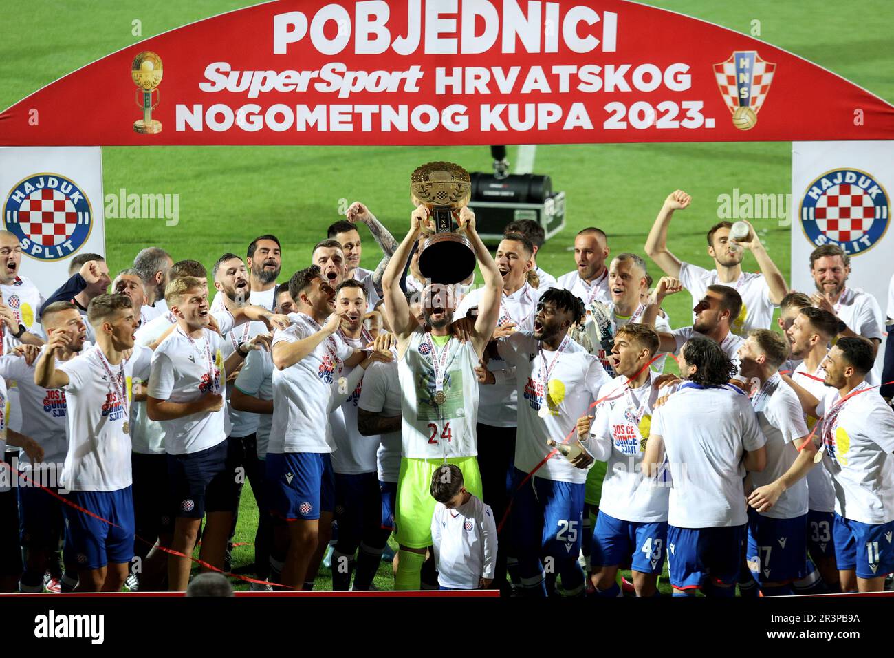 Rijeka, Croatia. 24th May, 2023. Players of Hajduk Split celebrate with the  trophy after the victory against Sibenik in their SuperSport Croatian  Football Cup final match at HNK Rijeka Stadium in Rijeka