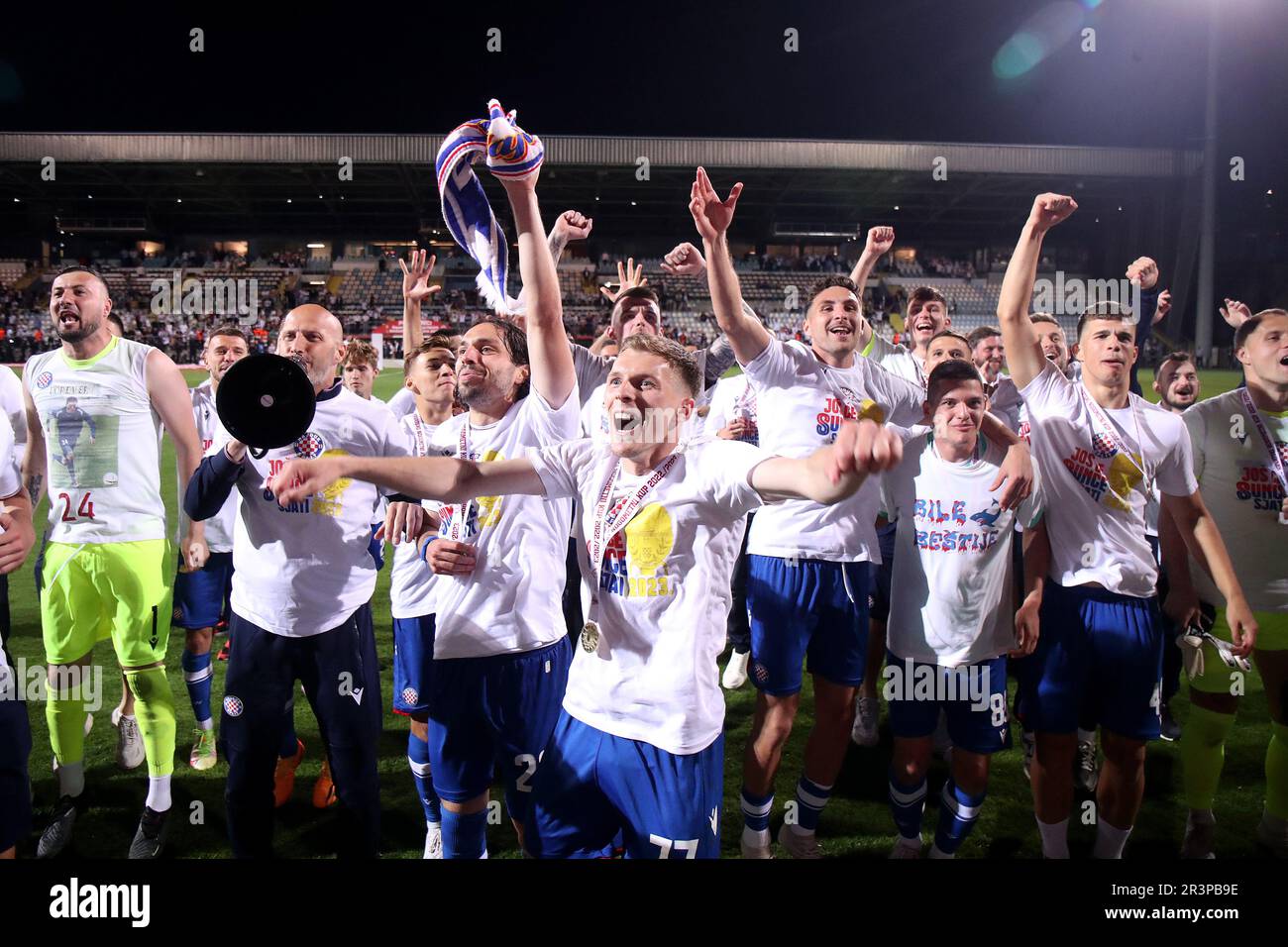 Rijeka, Croatia. 24th May, 2023. Players of Hajduk Split celebrate with the  trophy after the victory against Sibenik in their SuperSport Croatian  Football Cup final match at HNK Rijeka Stadium in Rijeka