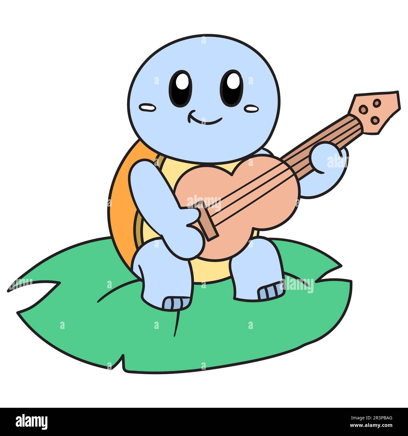 A turtle on a leaf playing music using a guitar, doodle kawaii. doodle icon image Stock Photo