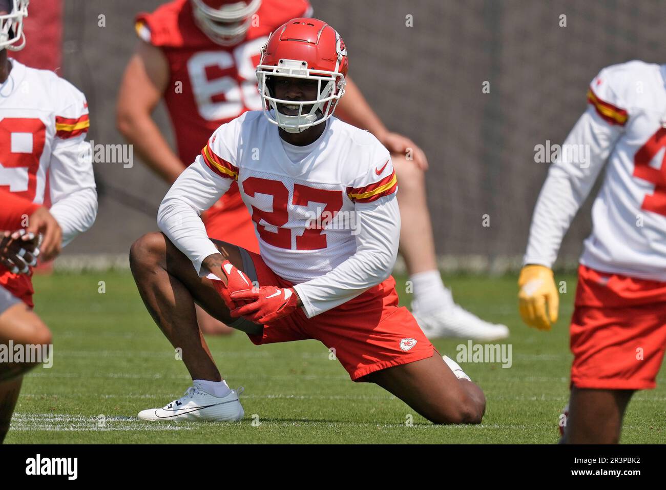 Kansas City Chiefs safety Chamarri Conner 27 stretches during