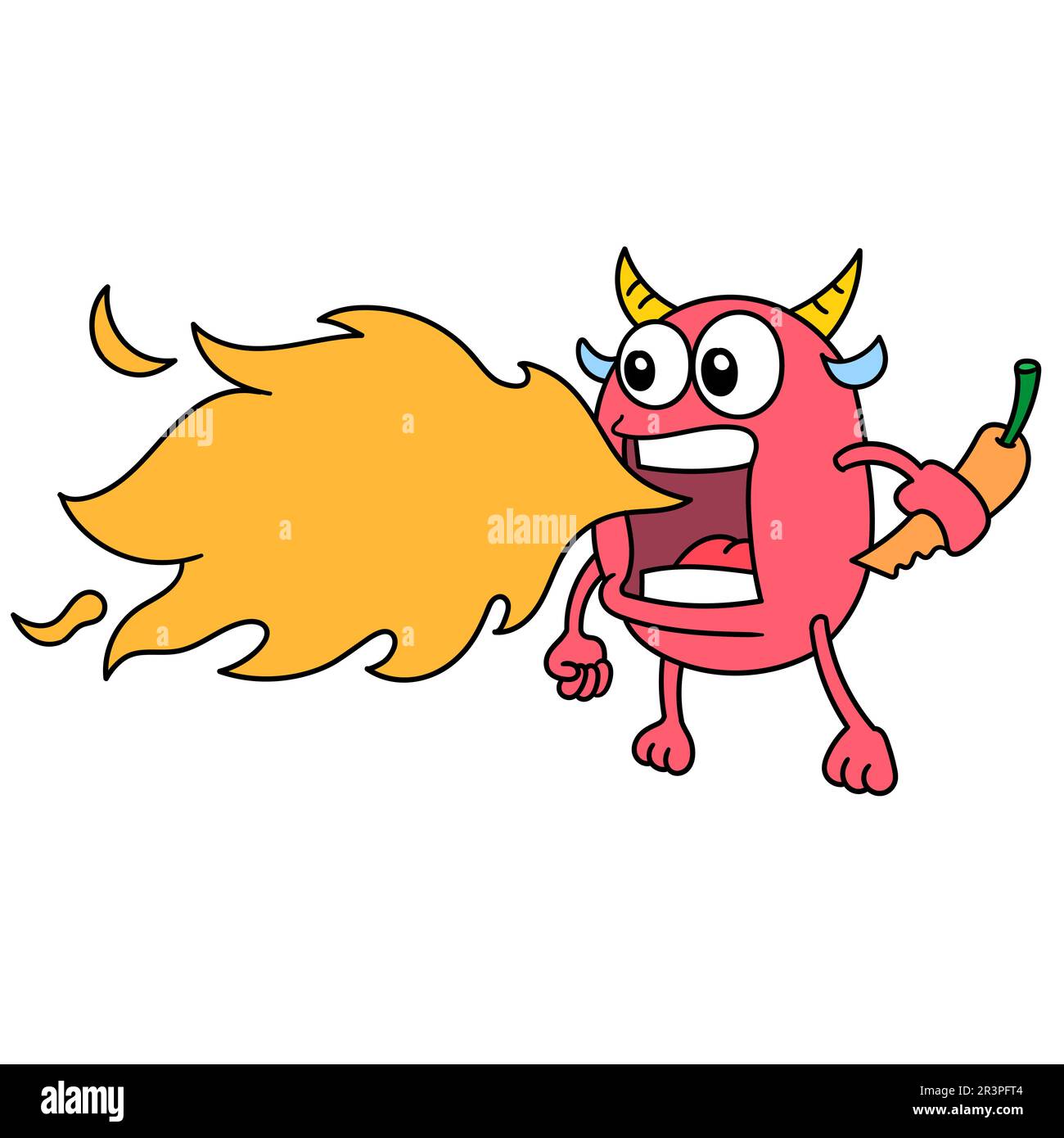 Fire spitting evil devil emoji sticker, doodle kawaii. doodle icon image Stock Photo