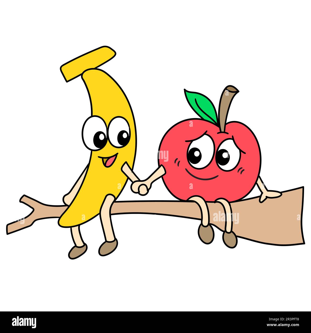 Bananas and apples are in love holding hands, doodle kawaii. doodle