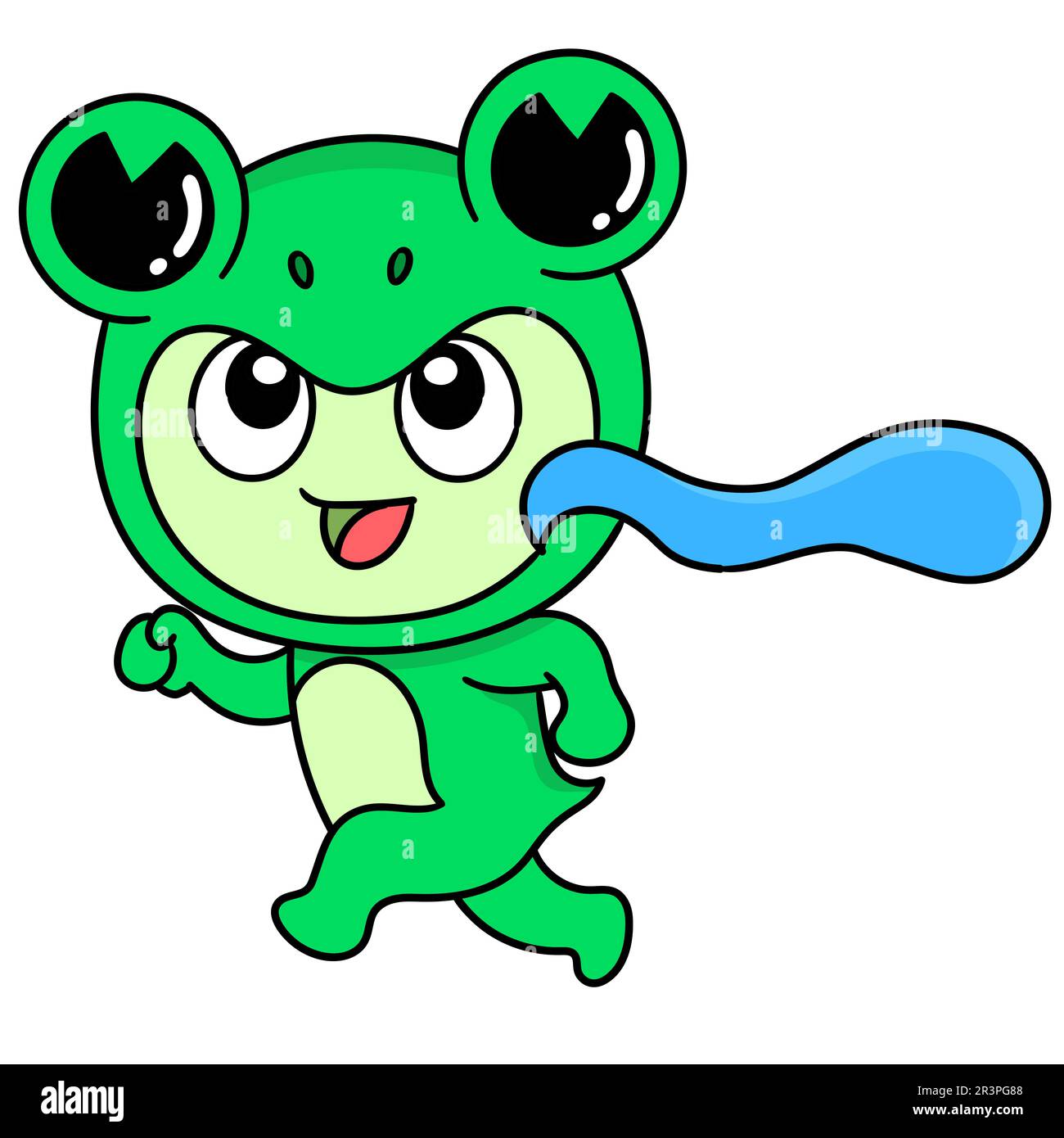 A little boy wearing a frog costume with a happy face, doodle kawaii. doodle icon image Stock Photo