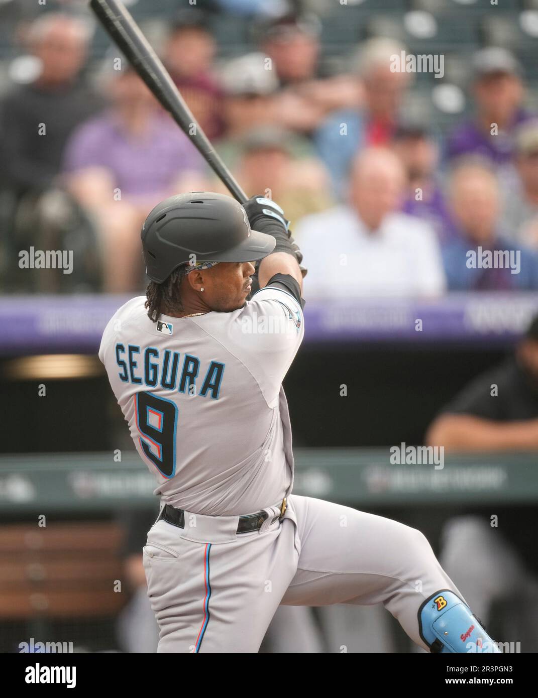 Miami Marlins third baseman Jean Segura (9) in the fifth inning of a  baseball game Thursday, May 25, 2023, in Denver. (AP Photo/David Zalubowski  Stock Photo - Alamy