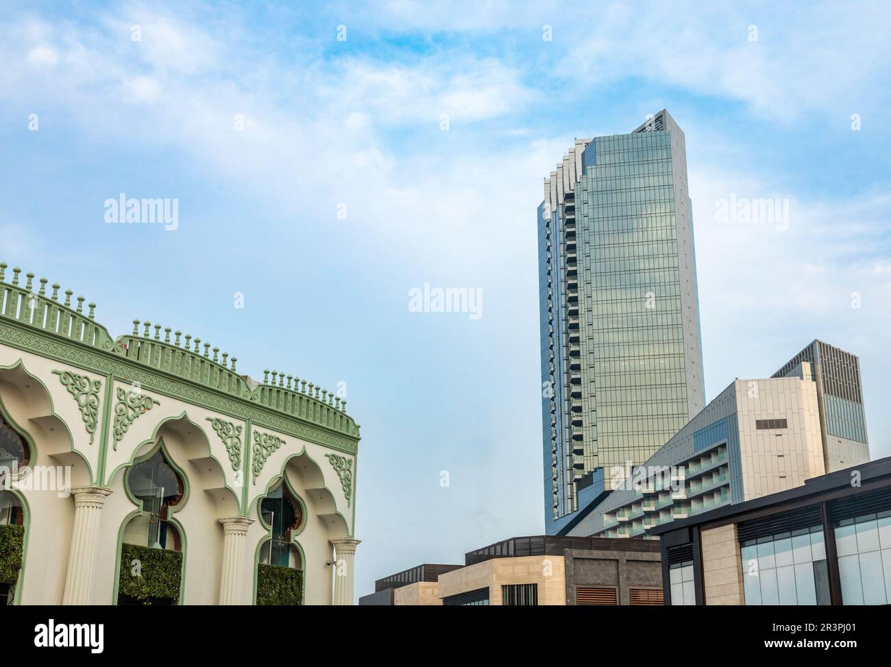 Modern building and traditional decorated buildings, Al Khobar, Saudi Arabia Stock Photo