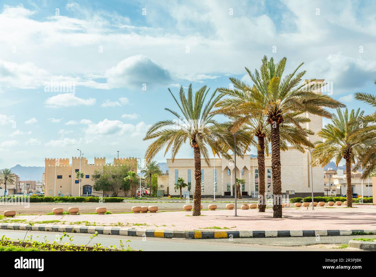 Hail city central square with palms in the front, Hail, Saudi Arabia Stock Photo