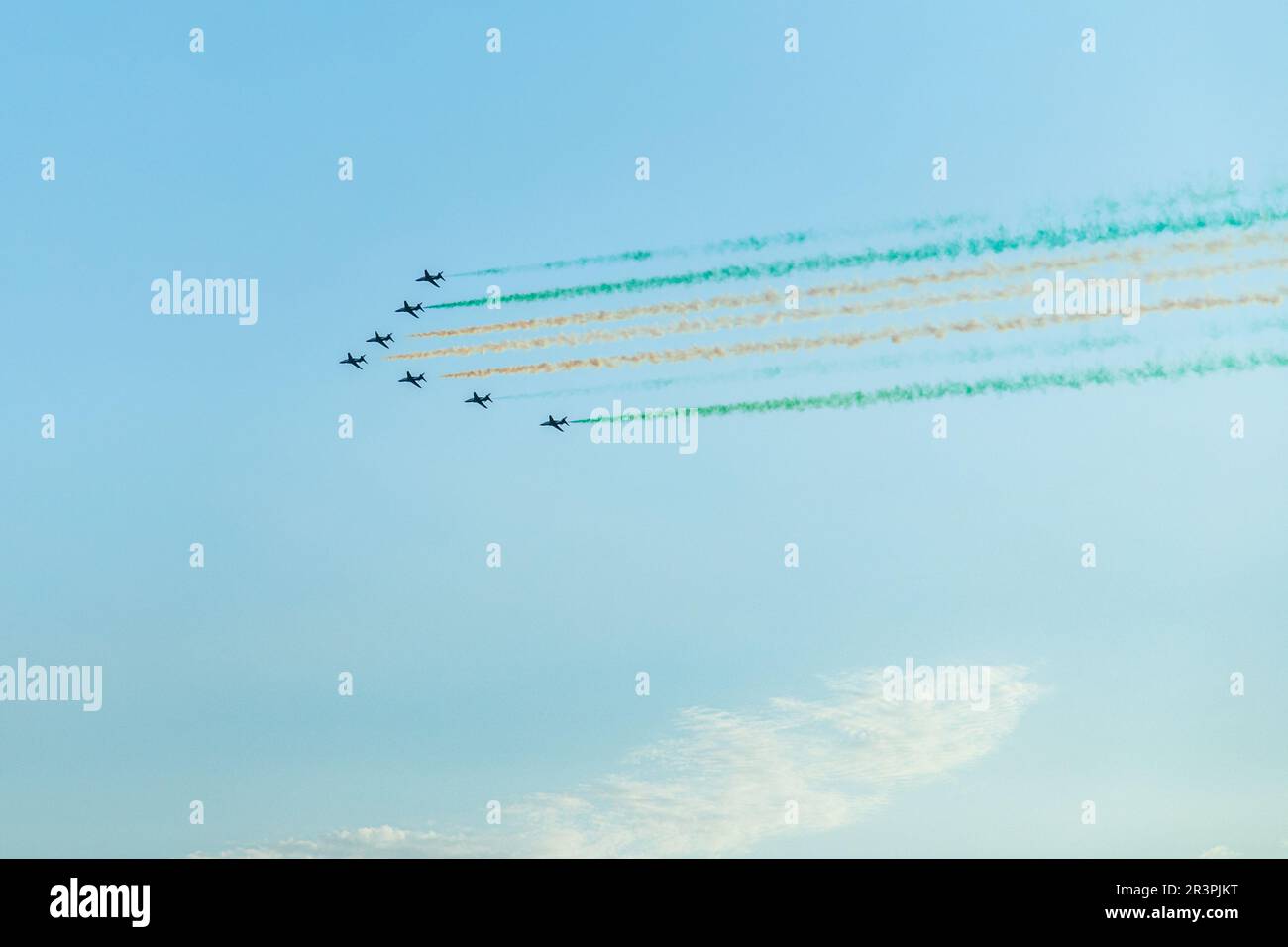 Fighter jets squadron with traces in Saudi Arabian national flag colors, at Jeddah air show Stock Photo