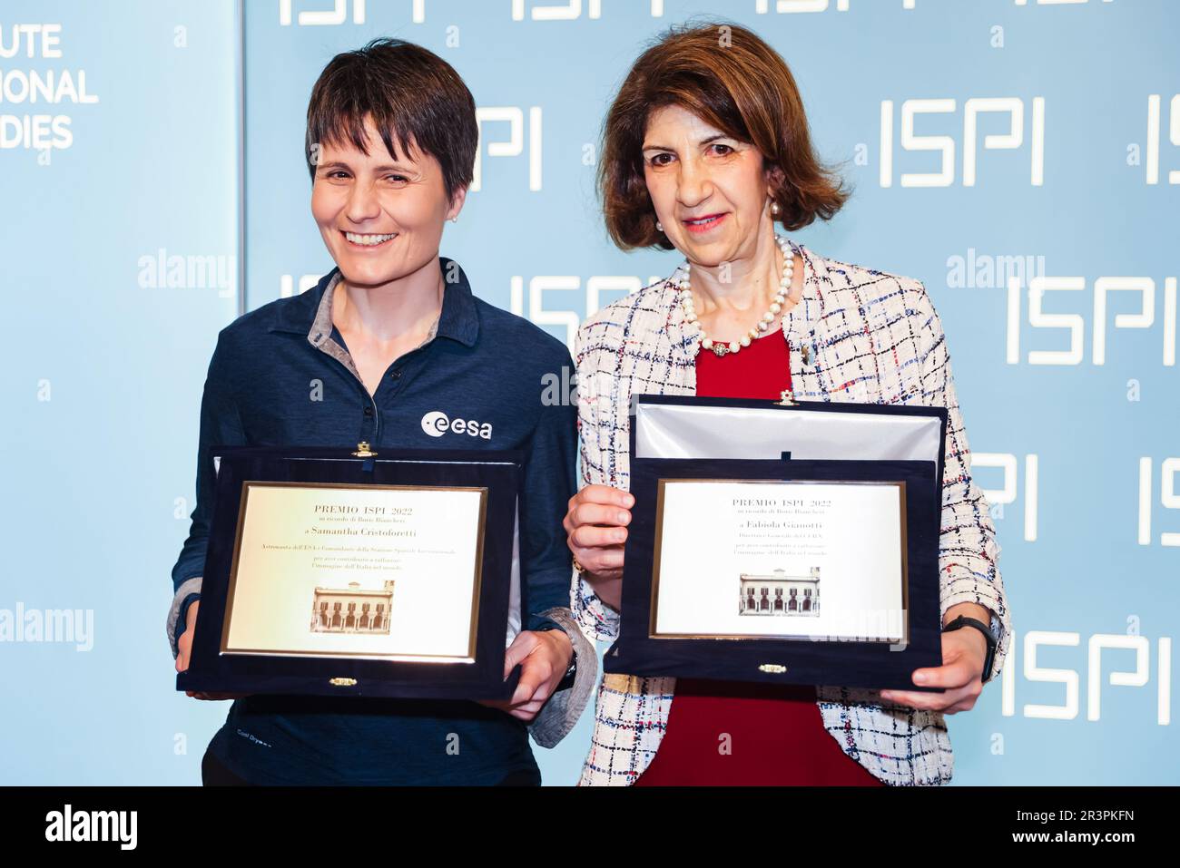 Milan, Italy. 16th May, 2023. Director-General of CERN Fabiola Gianotti and Italian European Space Agency astronaut Samantha Cristoforetti attend the award ceremony of the 2022 ISPI Award at Palazzo Clerici on May 16, 2023 in Milan, Italy. (Photo by Alessandro Bremec/NurPhoto) Credit: NurPhoto SRL/Alamy Live News Stock Photo