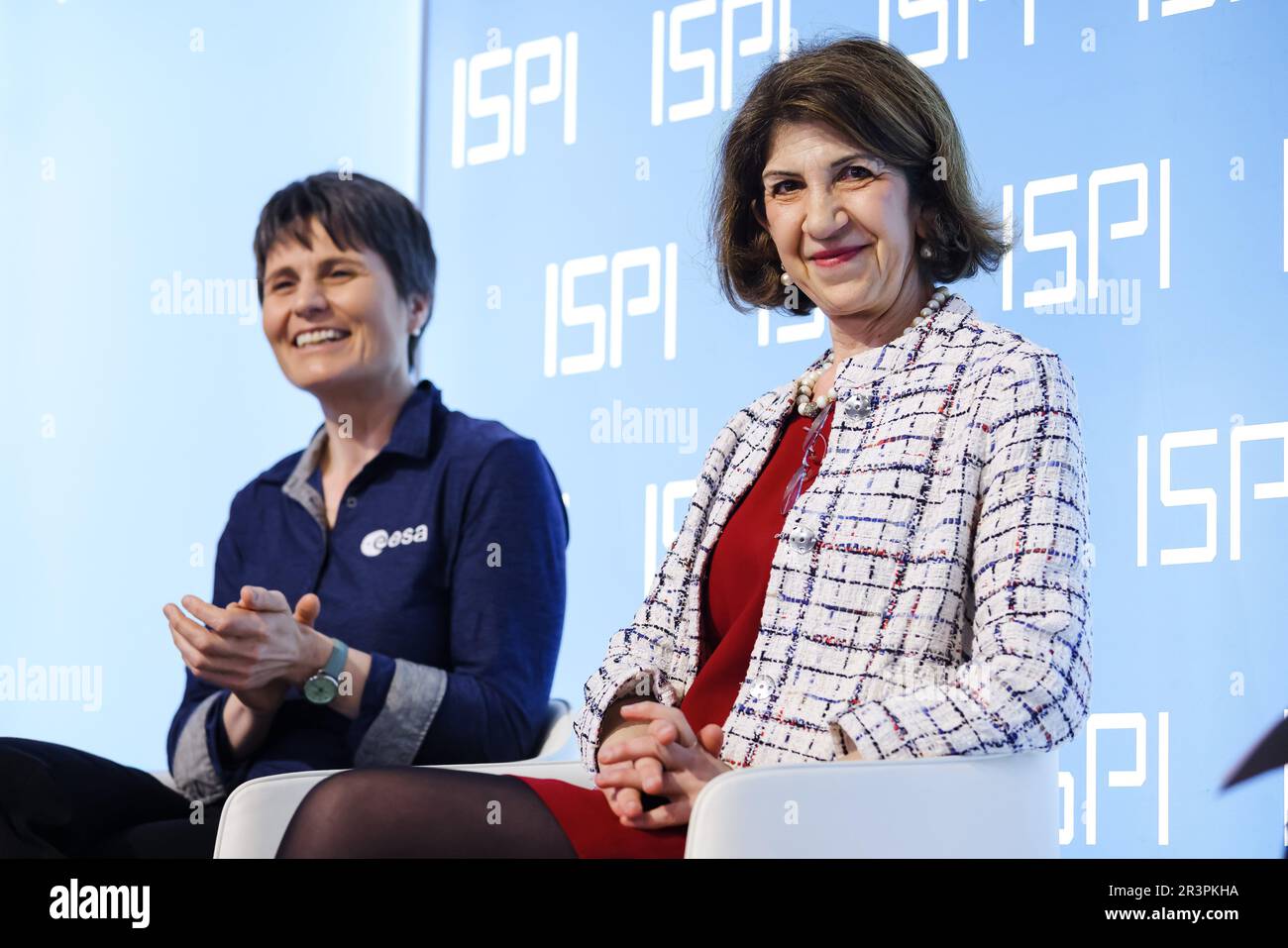 Milan, Italy. 16th May, 2023. Director-General of CERN Fabiola Gianotti and Italian European Space Agency astronaut Samantha Cristoforetti attend the award ceremony of the 2022 ISPI Award at Palazzo Clerici on May 16, 2023 in Milan, Italy. (Photo by Alessandro Bremec/NurPhoto) Credit: NurPhoto SRL/Alamy Live News Stock Photo