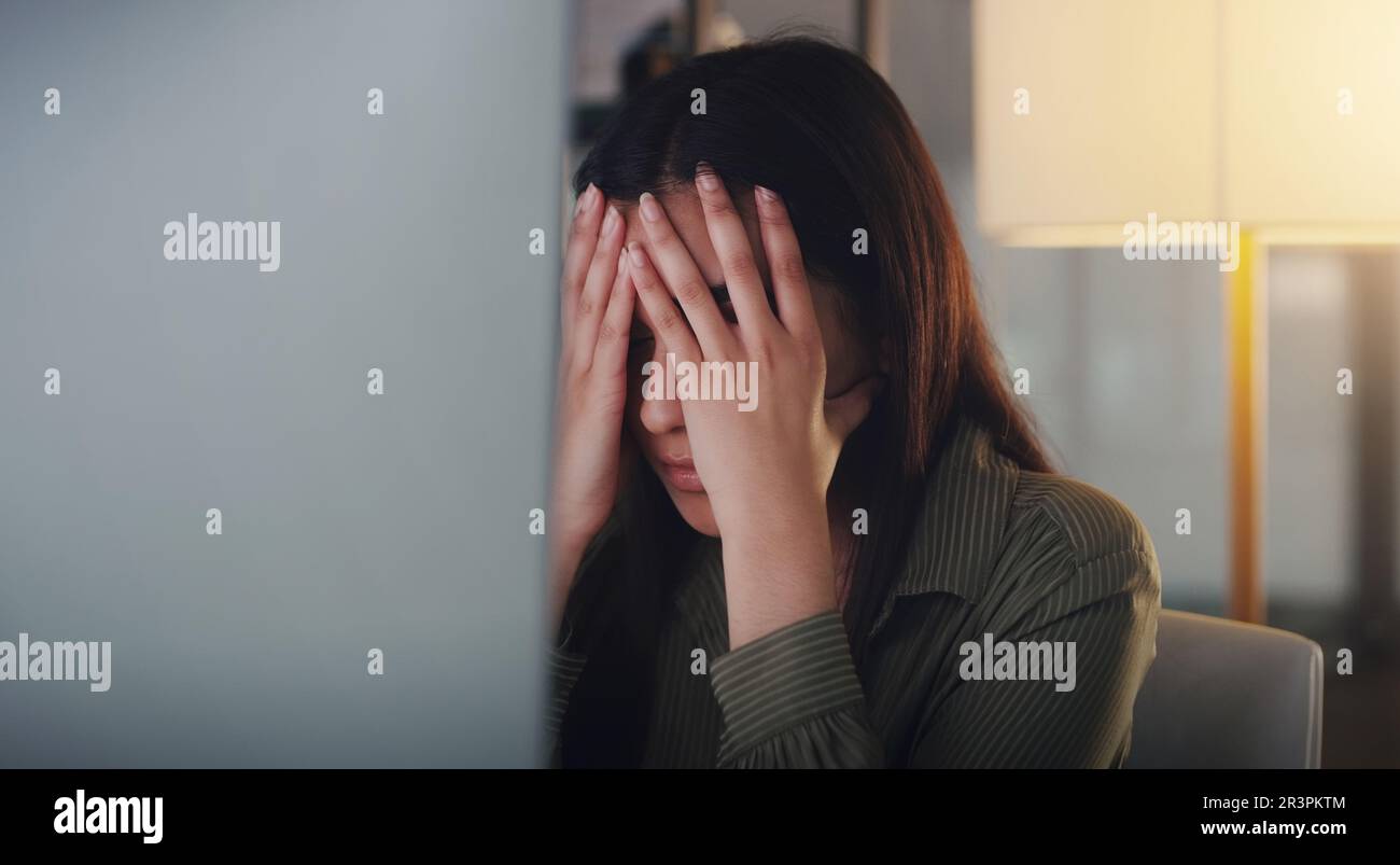 Overwork Depression Night, business and woman with stress, headache and burnout with new ...
