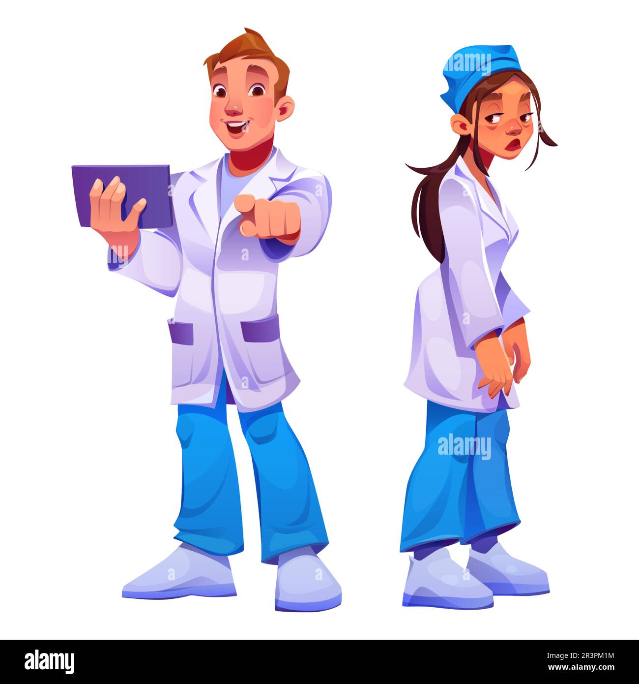 Doctor and nurse characters, hospital medical staff. Professional medics, happy man and sad tired woman in uniform, vector cartoon illustration isolated on white background Stock Vector