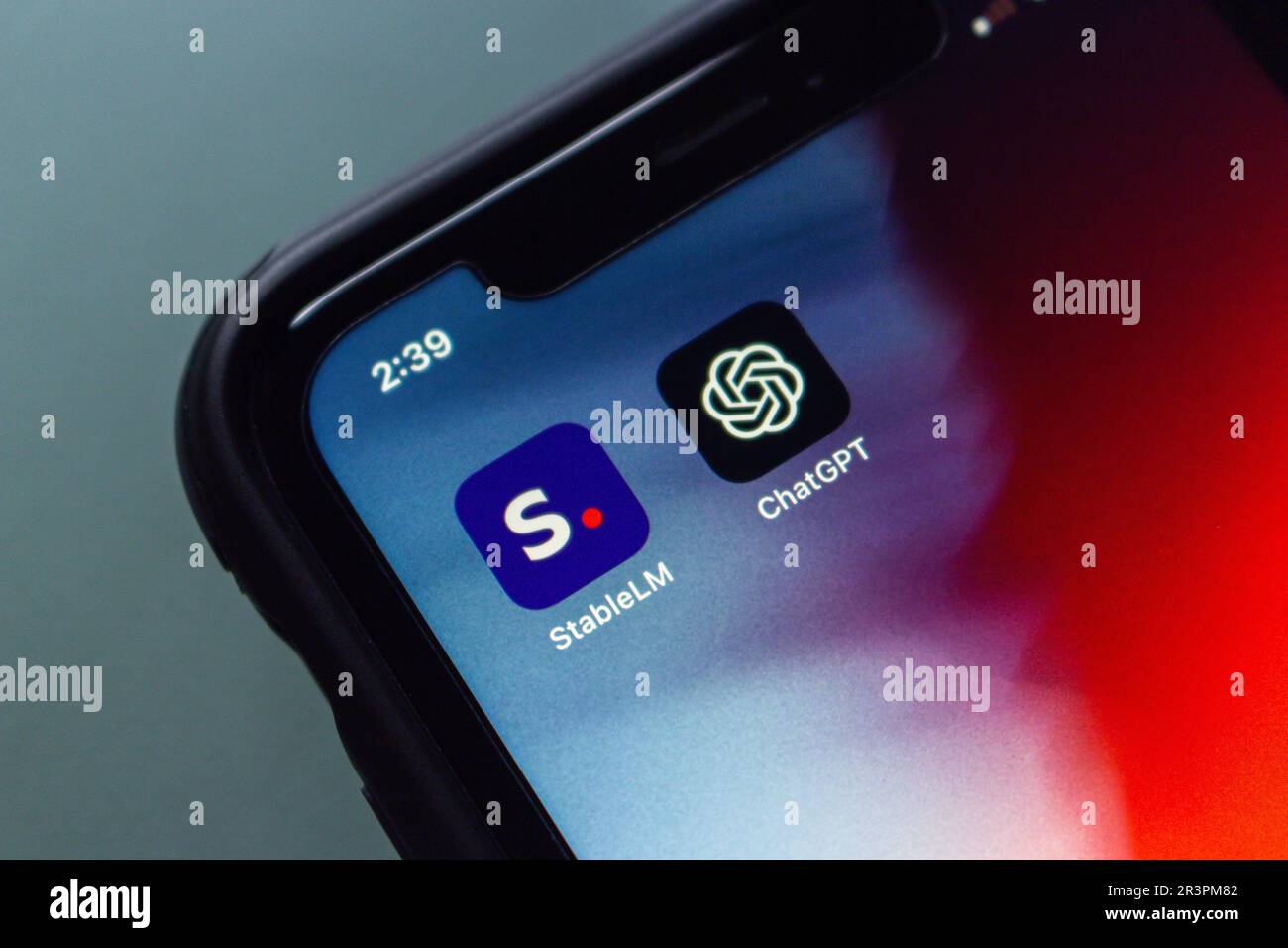 Vancouver, CANADA - May 21 2023 : Closeup icons StableLM and ChatGPT seen in an iPhone screen. Stock Photo