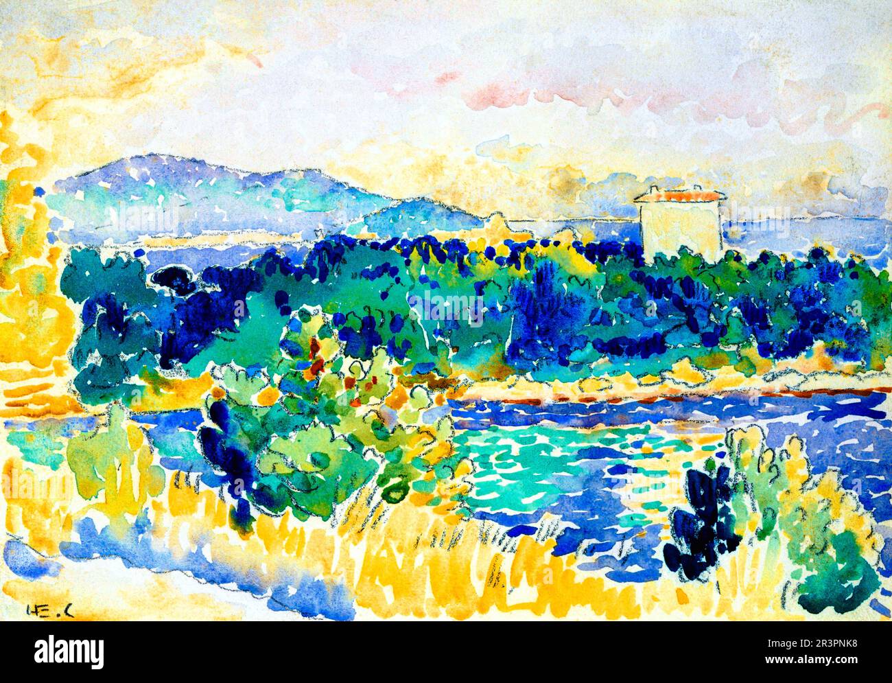 Mediterranean Landscape with a White House  painting in high resolution by Henri-Edmond Cross. Original from The MET Museum. Stock Photo