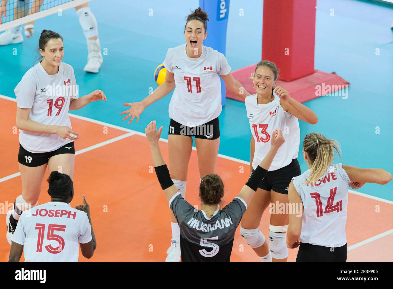 The Canada's team celebrates during the DHL Test Match Tournament women’s volleyball between Italy and Canada in Lanciano. Italian national team beats Canada with a score 3-1 Stock Photo