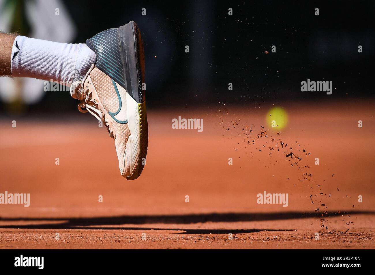 Paris, France, France. 24th May, 2023. Detail of Nike shoe during Roland- Garros 2023, French Open 2023, Grand Slam tennis tournament at the Roland- Garros Stadium on May 24, 2023 in Paris, France. (Credit