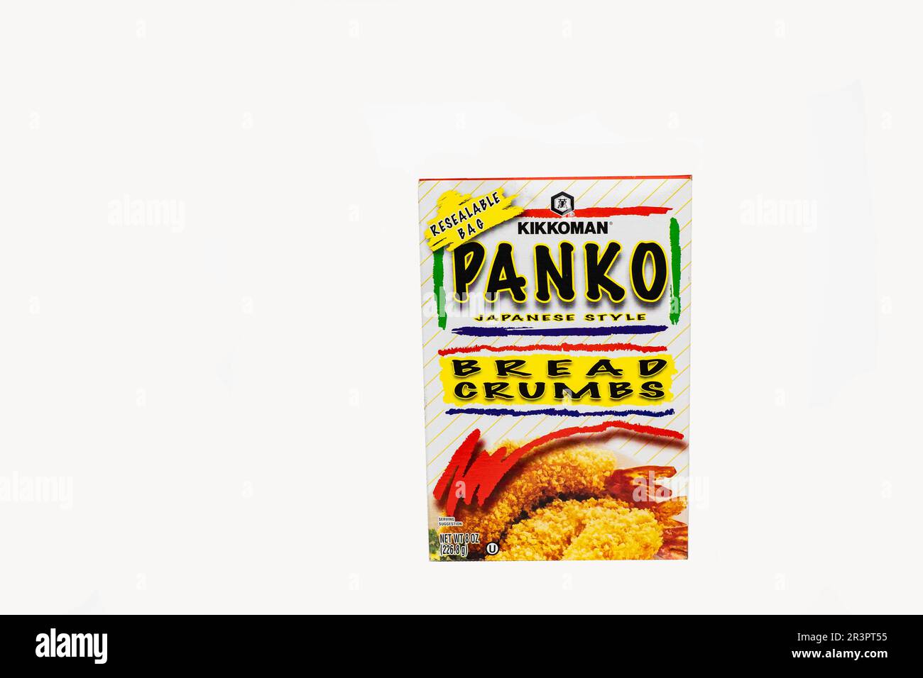 Box or package of Kikkoman Japanese style Panko Bread Crumbs often used in recipes. Cutout. USA. Stock Photo