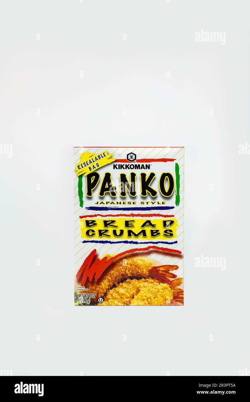 Box or package of Kikkoman Japanese style Panko Bread Crumbs often used in recipes. Cutout. USA. Stock Photo