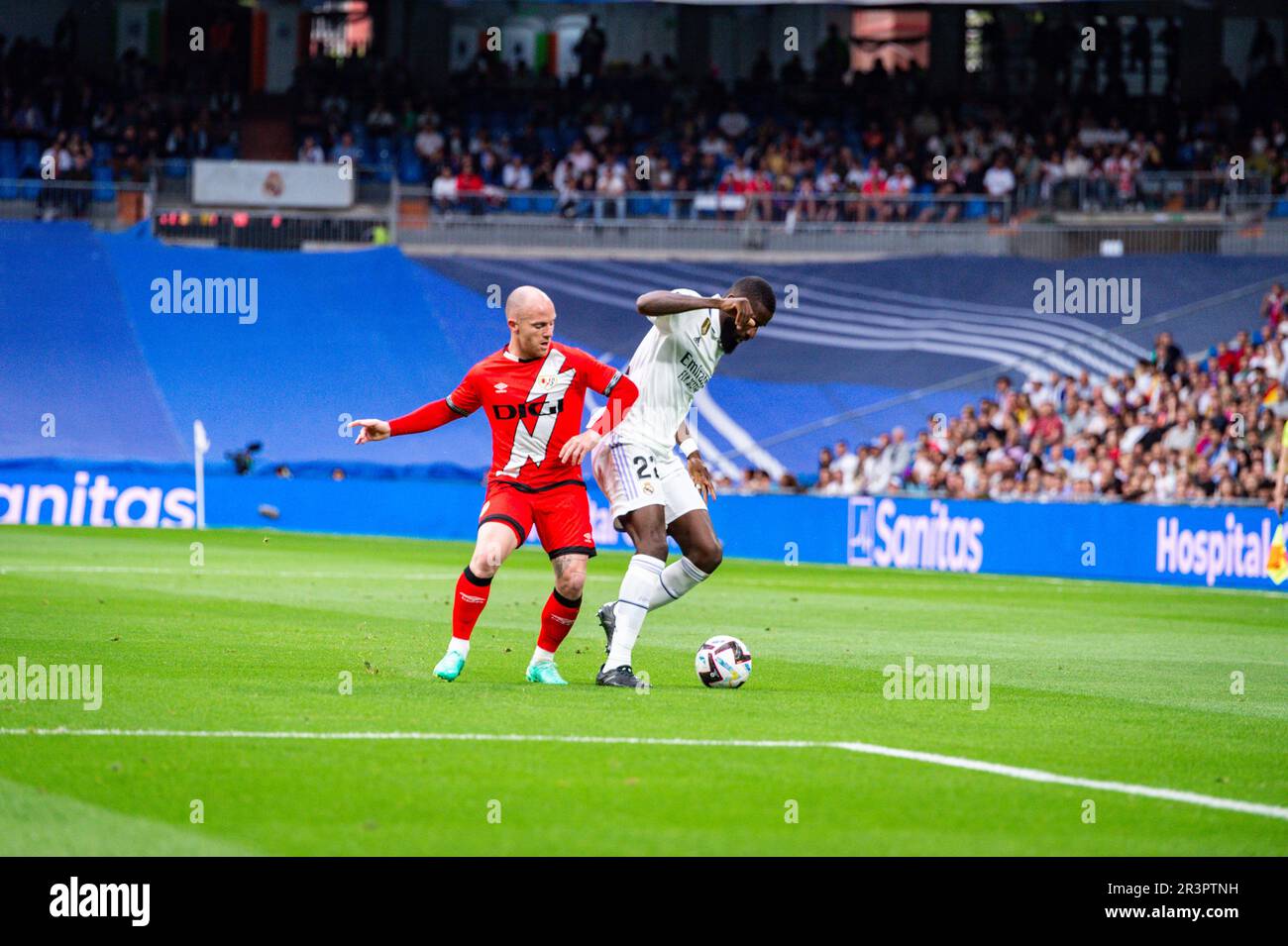 Madrid, Spain. 24th May, 2023. Antonio Rudiger (Real Madrid) against Isi Palazon (Rayo Vallecano) during the football match between&#xA;Real Madrid and Rayo Vallecano&#xA;valid for the match day 36 of the Spanish first division league “La Liga” celebrated in Madrid, Spain at Bernabeu stadium on Wednesday 24 May 2023 Credit: Live Media Publishing Group/Alamy Live News Stock Photo