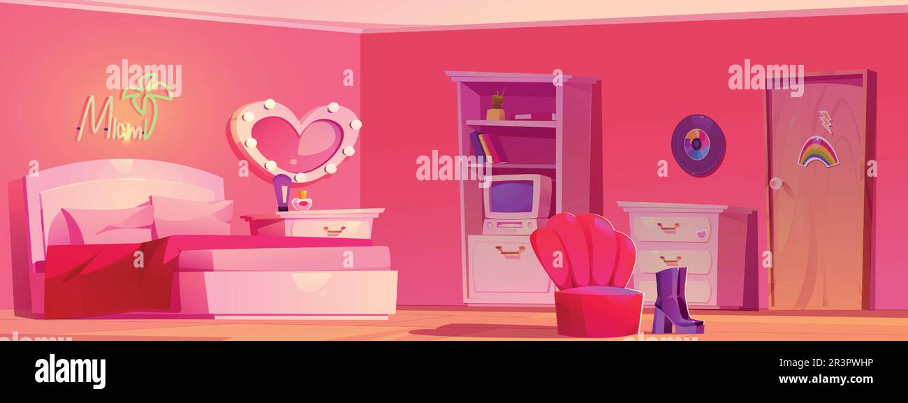 Retro girl bedroom interior with furniture. Vector cartoon illustration of pink room with pillows and blanket on bed, neon lamp on wall, vintage computer, cosmetics on table, armchair. Y2k home Stock Vector