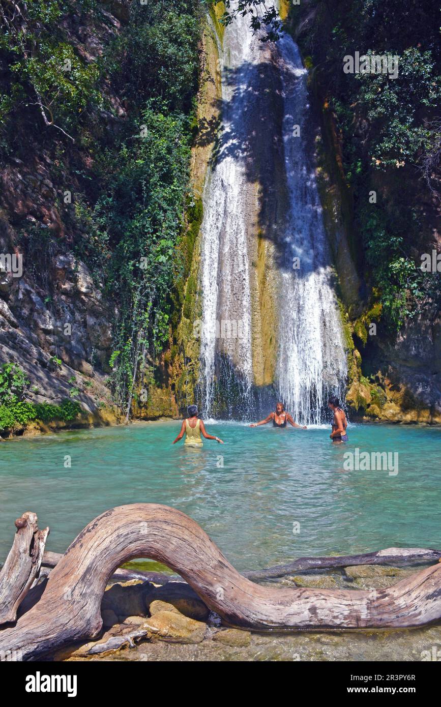 tourist in the Neda Waterfalls, Greece, Peloponnese, Platania Stock Photo