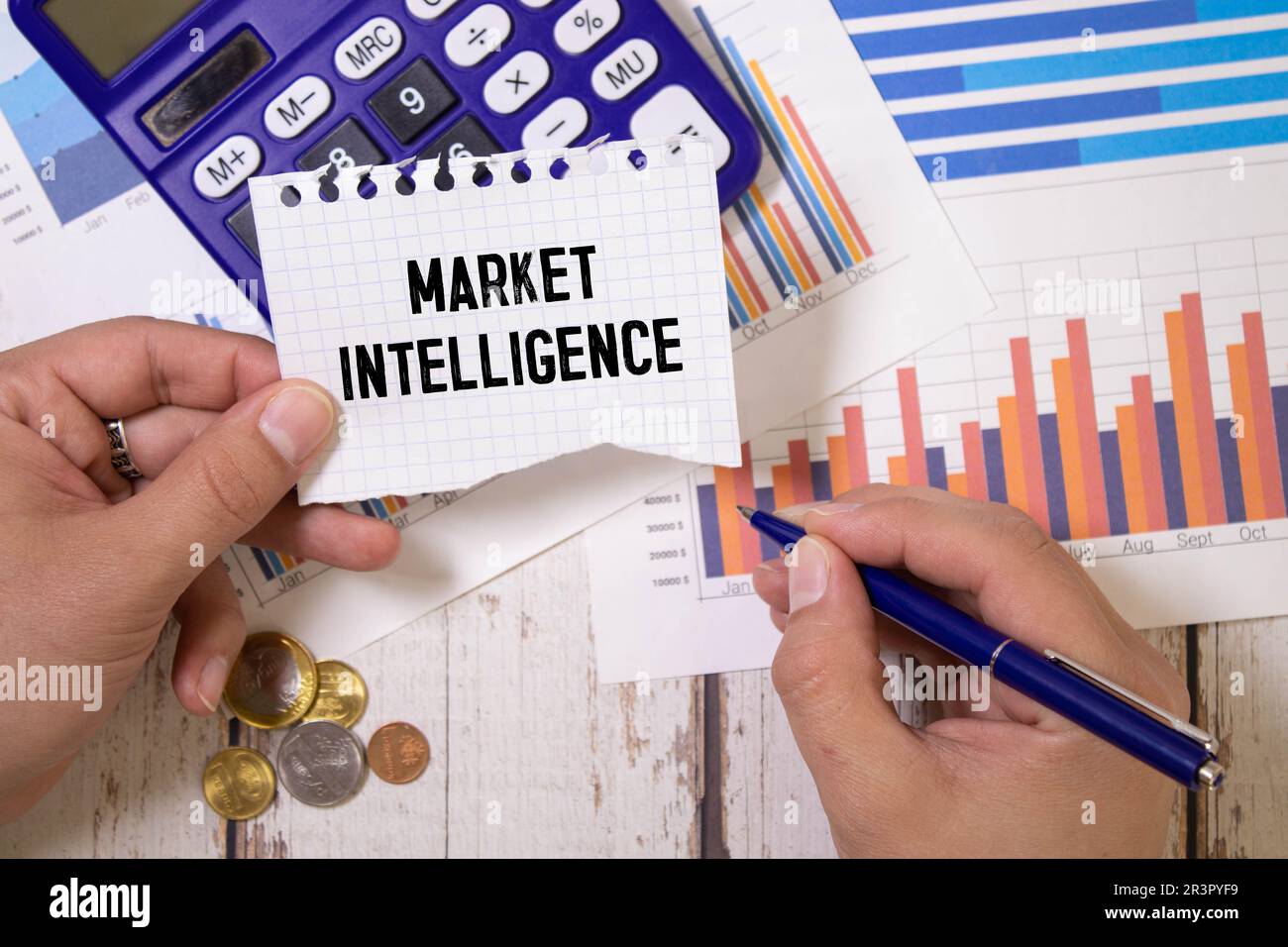MARKET INTELLIGENCE word on the yellow paper with office tools on white background. Stock Photo