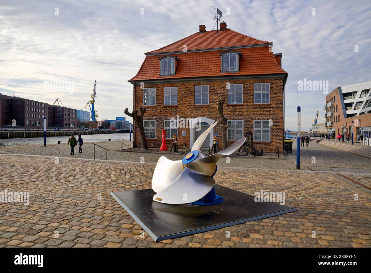 rudder propeller for harbor and ocean-going tugs in front of the Baumhaus, Hanseatic city of Wismar, Germany, Mecklenburg-Western Pomerania, Wismar Stock Photo
