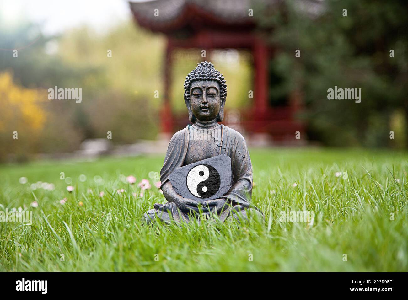 Buddha statue sitting on a meadow with the ying yang symbol, Taijitu Stock Photo