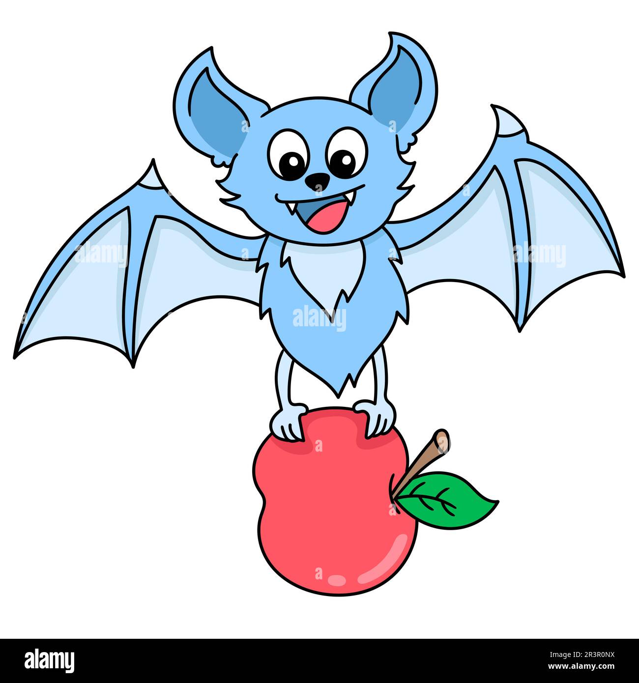 A cute flying bat clutching an apple, doodle kawaii. doodle icon image Stock Photo