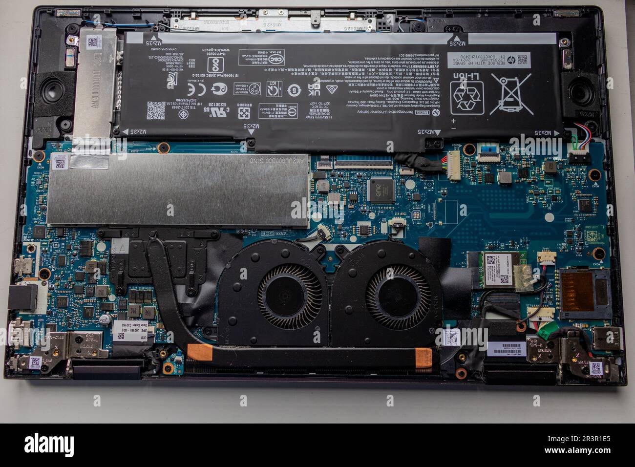 Laptop inside view. Inside components of Hp Envy. Electronic Stock