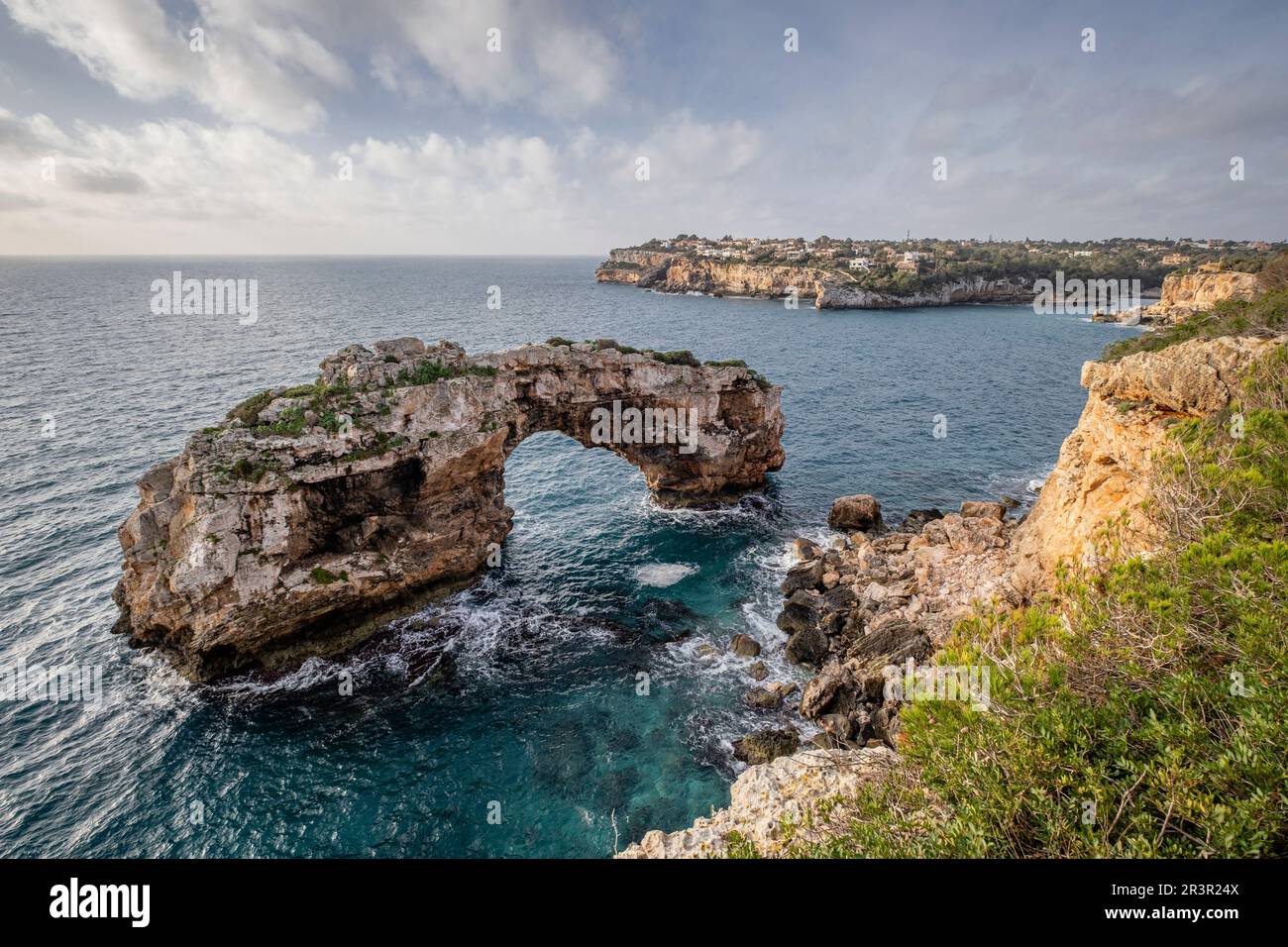 Es Pontas, puente natural de roca, Santanyi, Mallorca, Balearic Islands, Spain. Stock Photo