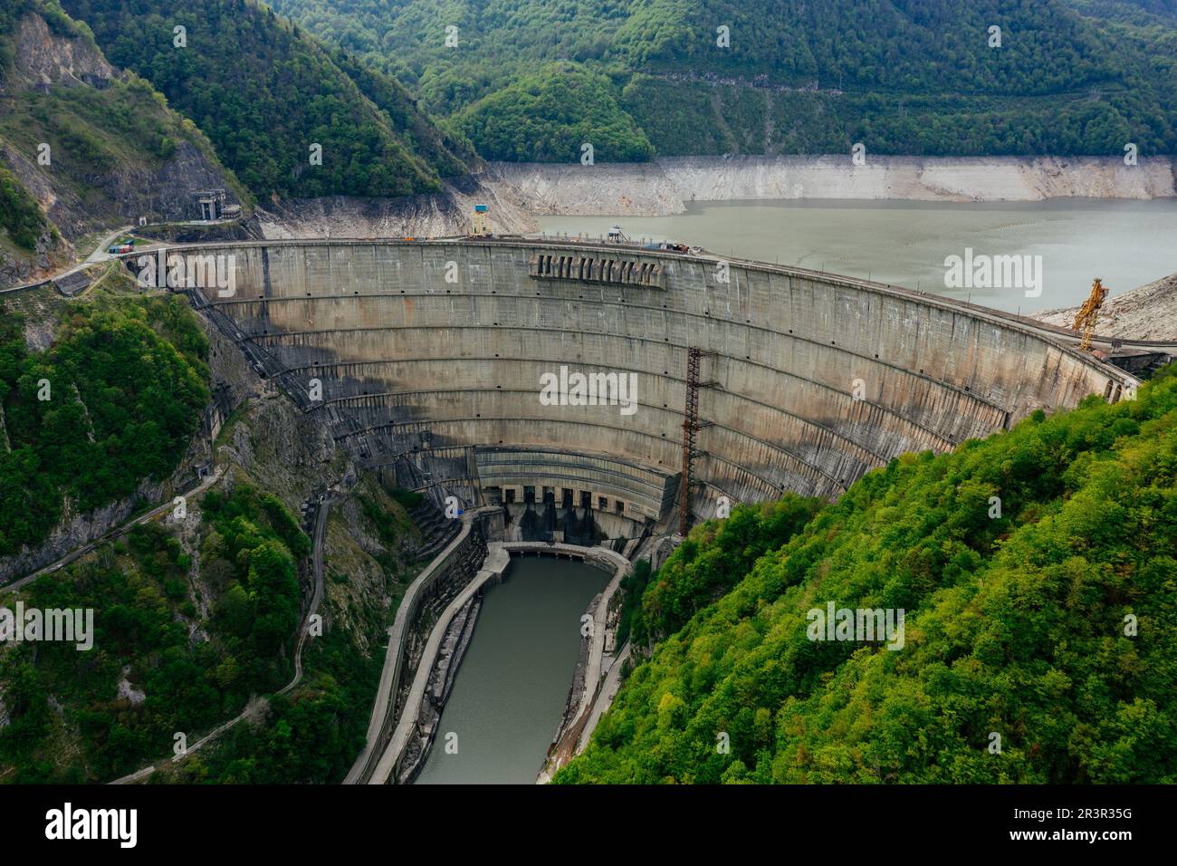 Dam of Enguri hydroelectric power plant in aerial view Stock