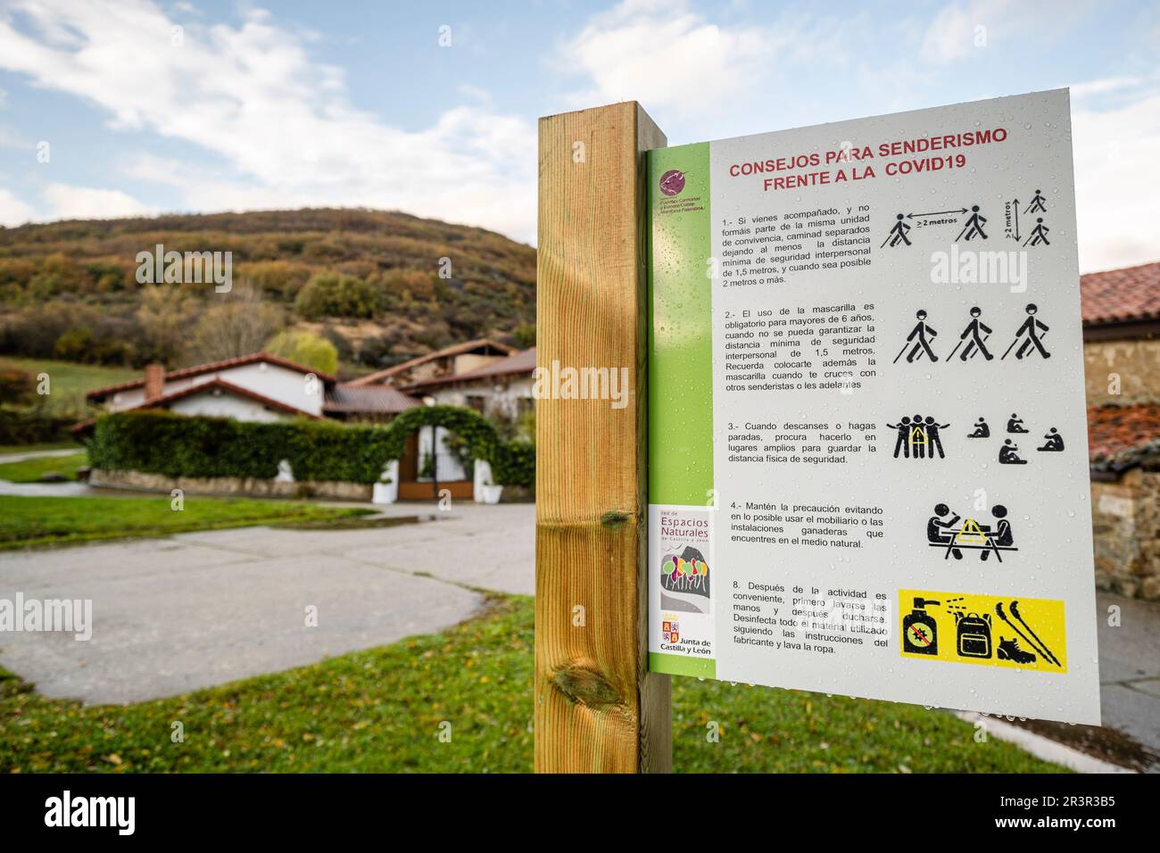 poster with tips for walkers facing COVID-19,Natural Park of Fuentes Carrionas and Fuente Cobre - Palentina Mountain, municipality of San Cebrián de Mudá, province of Palencia, Spain,. Stock Photo
