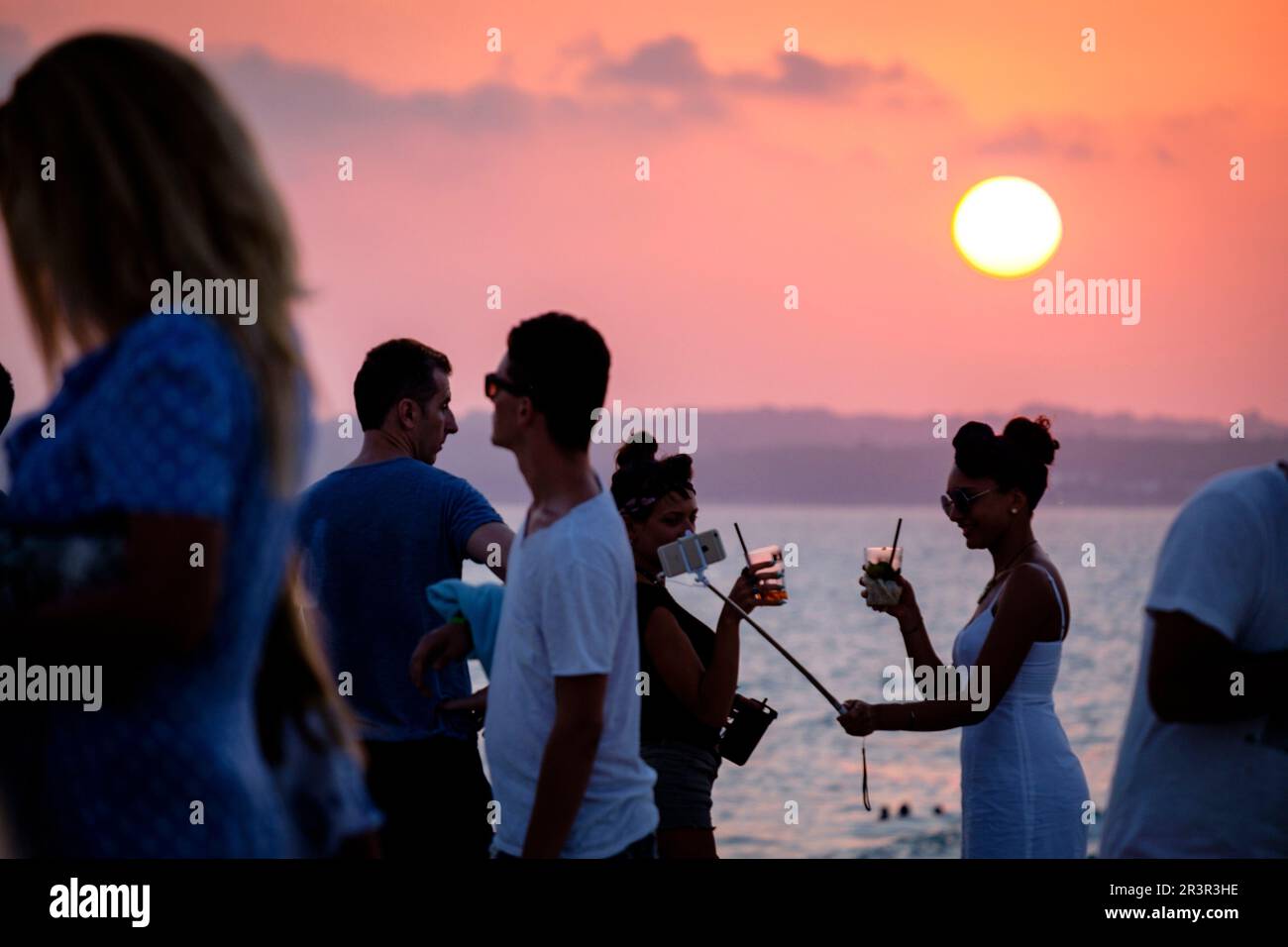 puesta de sol en El Pirata Bus, Playa de Migjorn, Formentera, balearic islands, Spain. Stock Photo