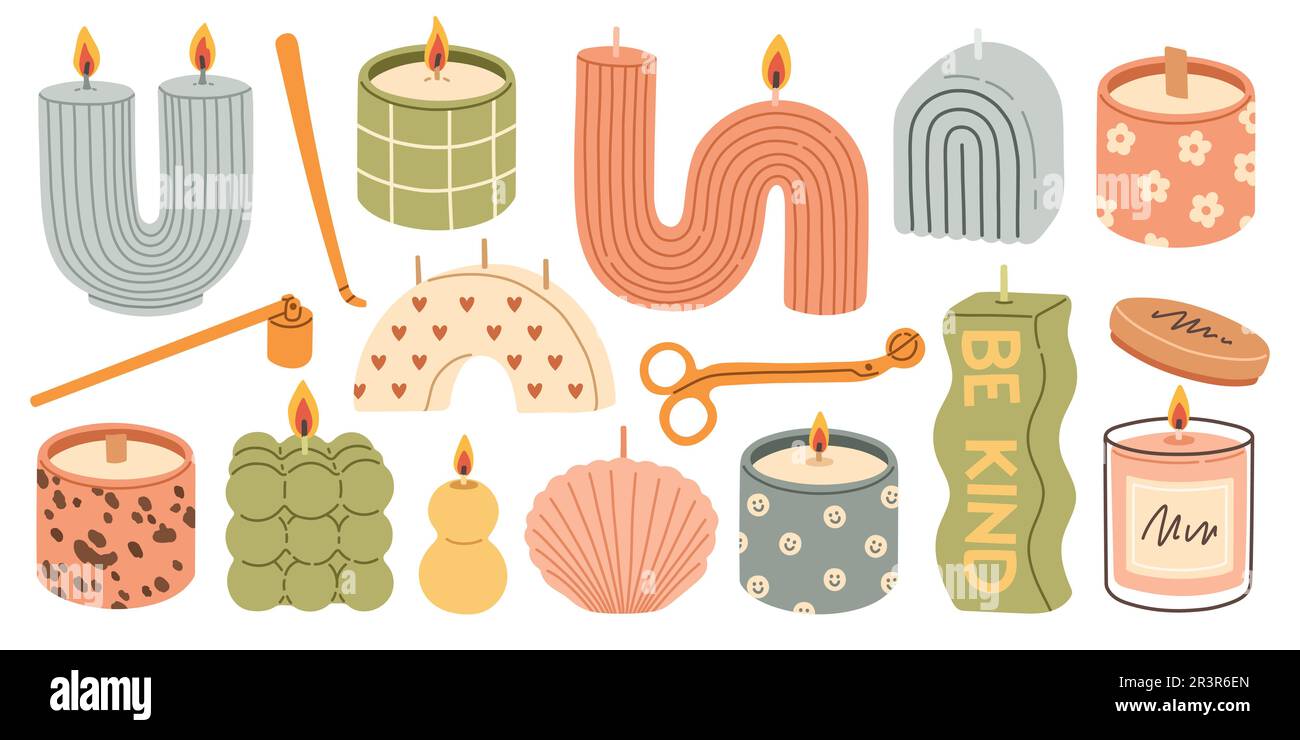 Various Candles. Different shapes and sizes. Pillar, jar candle, square