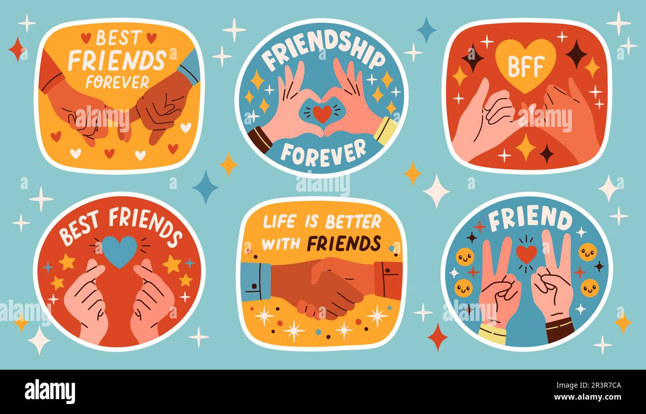 Set of stickers about friends and friendship. Collection of hand drawn ...