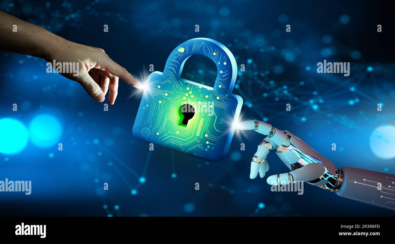 Businessman and Ai Robot hands pointing Keyhole in data security. Cyber data and information privacy. Future technology security, Network protection. Stock Photo