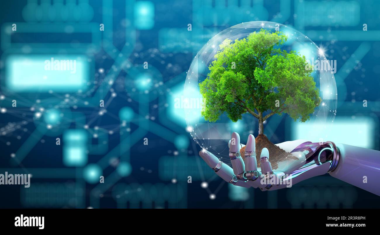 Robot hand holding growing tree with wireframe globe. Network connection and Circuit Converging point background. Green IT, Nature Technology interact Stock Photo