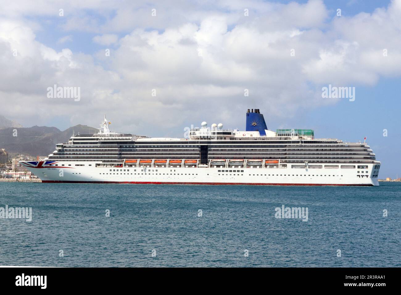 Arcadia, P&O cruises Vista class cruise liner moored at Ceuta, a Spanish autonomous city on the north coast of Africa, bordered by Morocco, April 2023. Stock Photo